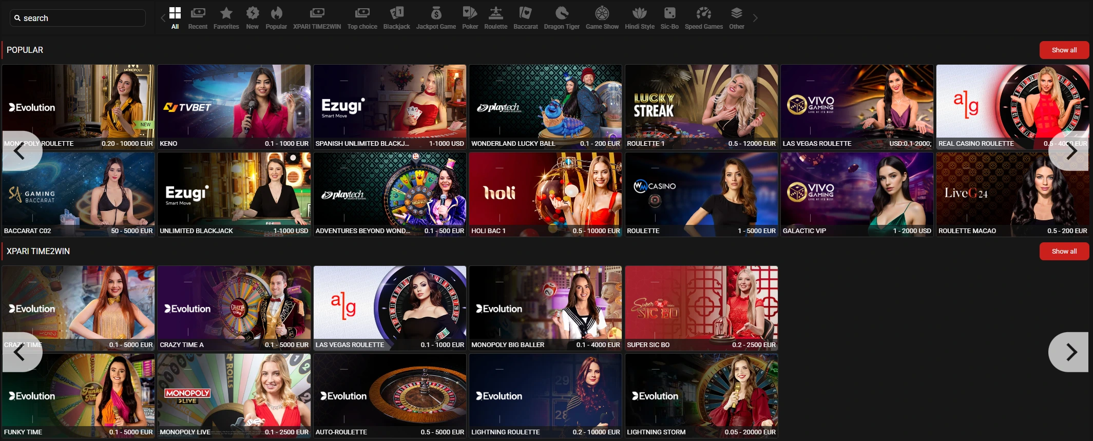 Xparibet live casino games lobby
